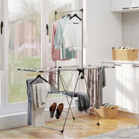 Étendoir à linge pliable 156,5x68x192 cm en acier inox argent, gain de place FloraGrace (1/5)