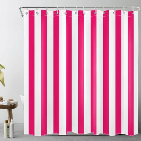 Rayures Rose Vif et Blanc Rideaux de Douche 180x180cm Géométrique texturé Rideaux de Bain avec Crochets,Art Abstrait Moderne Imperméable Polyester Anti Moule Salle de Bain Décor (1/5)