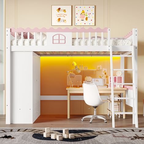 Lit mezzanine 90x200 cm, lit d'enfant, avec éclairage LED, avec armoire, avec tiroirs de rangement, conforme à EN747, pin, blanc (1/5)