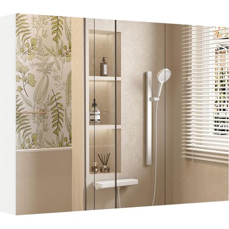 armoire salle de bain miroir meuble rangement toilette armoire à pharmacie portes miroir sans cadre mural encastré gain de place imitation bois entr (1/2)