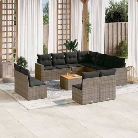 Ensemble Salon de Jardin 12 Places avec Coussins Gris en Résine Tressée et Table en Acacia Modulaire, Résistant aux UV, Housses Lavables (1/3)