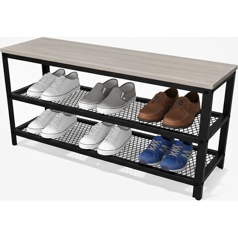 Relaxdays shoe bench, for 8 pairs, H x W x D 45 x 100 x 30 cm, 2 mesh shelves, wood-look seat, light brown/black