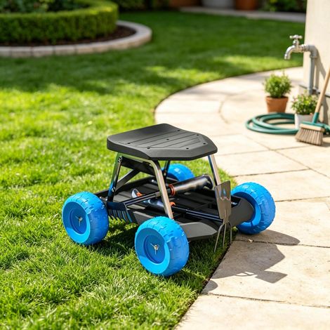 Tabouret de jardin mobile avec fonction roulette et rangement, siège roulant pratique, tabouret d'atelier mobile (comprend uniquement 1 tabouret de jardin) (1/4)