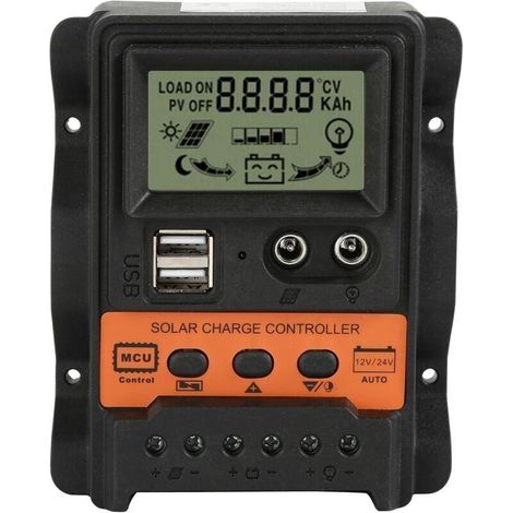 Contrôleur de Charge Solaire PWM 30A 12V/24V, Double Sortie USB 5V, Régulateur avec Écran LCD pour Batteries Plomb-Acide (30A)