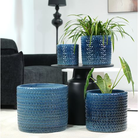 Vaso per piante in ceramica Ø17,5 cm blu scuro rilievo chevron DESVIAE (1/5)