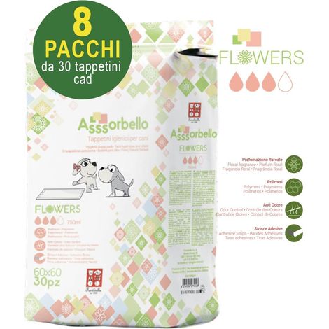 240 Tapis hygiéniques Asssorbello Flower 60x60 cm pour chiens - 8 paquets de 30 chacun