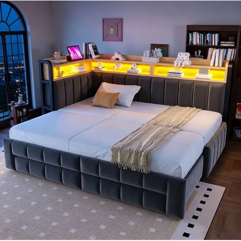 Letto contenitore a panca 90x200 cm estensibile fino a 180x200 cm con LED, USB e contenitore, rivestimento in velluto - grigio scuro (1/5)