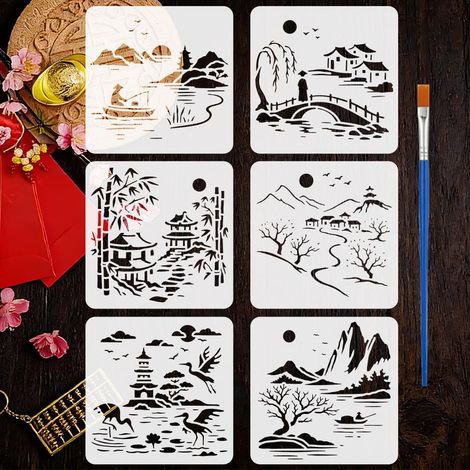 6 Pcs Pochoir Peinture Paysage Chinois avec un Pinceau 15x15 cm Petits Pochoir Ponts sur Eau Courante Pochoirs Bateaux de Pêche Maisons Soleil Montagnes pour Peinture sur Bois Mur Tissu (1/5)