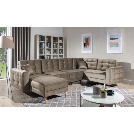 Canapé d'angle panoramique convertible U HASGARD 326 cm marron velours avec coffre