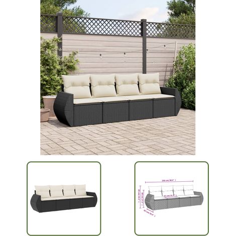 The Living Store Salon de jardin 4 pcs avec coussins noir résine tressée - Salon De Jardin - Mobilier De Jardin - Salon Extérieur - Ensemble De Canapés - Canape Pliable (1/3)