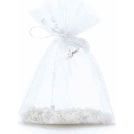 Sacchetto in organza bianco neve con coulisse in raso di chiusura ideale per confezionare gioielli, set da 100 pezzi, cm8x11H (al tirante7,5)
