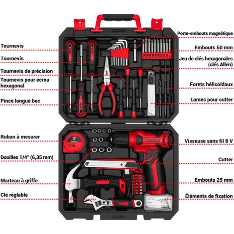 Caisse a Outil avec Perceuse Visseuse Multifonction Sans Fil 8V, 126 Pièces Malette Outils complete, Ensemble d'Outils avec Perceuse pour Réparation, Entretien et Travail (1/5)