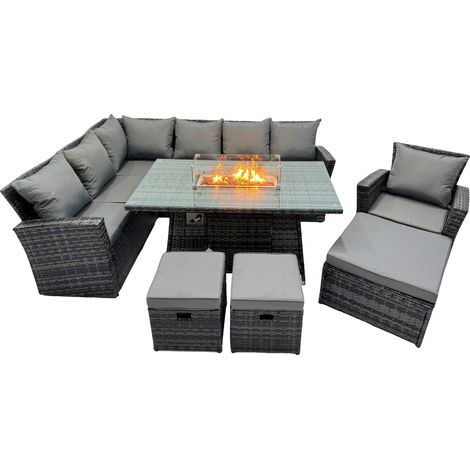 Fimous Poly Rattan Outdoor Patio Gas Firpit Dining Table Corner Sofa Set with 3 Stools Chair for Garden Backyard Dark Grey Mixed (1/5)