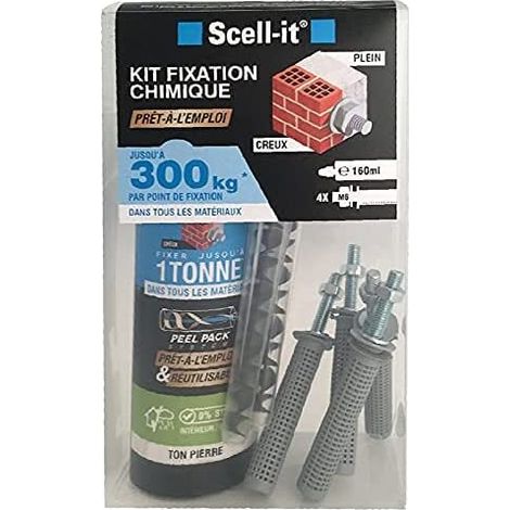 Scell-It – Kit de scellement chimique 1 cartouche 160ml – 4 tiges inox M6 – Résistance jusqu'à 300kg – Pour murs pleins et creux