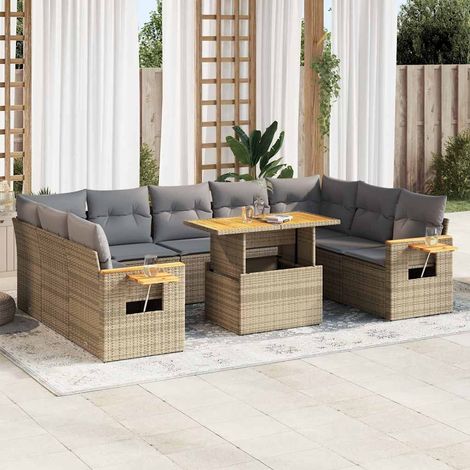 Salon de jardin avec coussins 10pcs beige résine tressée acacia (1/5)