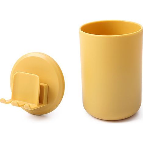 Zahnbürstenbecher mit Haken, Zahnbürstenhalter fürs Badezimmer, Aufbewahrungsbox für Zubehör (gelbes Regal + gelber Becher) (1/5)