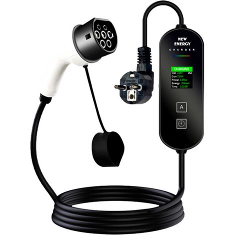 Cargador portátil para vehículos eléctricos, 16A 3.5KW, negro con pantalla LED, cable de 5 metros.