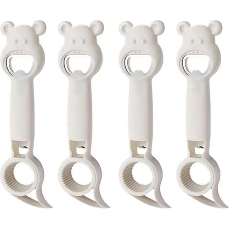 Set of 4 multi-functional 4-in-1 bottle openers for beer jars, jelly, wine, and other containers (white) (1/5)