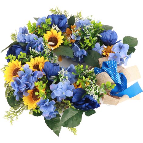 Blumenkranz mit gelben und blauen Schleifenmustern, ukrainischer Girlande aus Sonnenblumen und Frühlings-/Sommerhortensien (1/5)