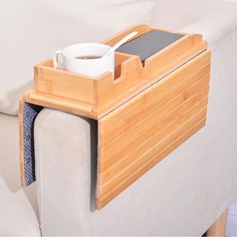 Tablette de canapé 3-en-1 pliante en bois – Porte-gobelet amovible antidérapant – Idéal pour boissons, snacks, télécommande – Convient accoudoirs de canapé et fauteuils – Primary color (1/5)