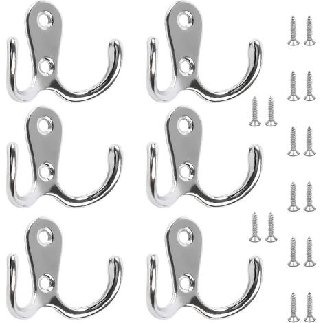 Lot de 6 patères doubles chromées pour porte, avec 16 vis incluses, pour suspendre chapeaux, cravates et vêtements.