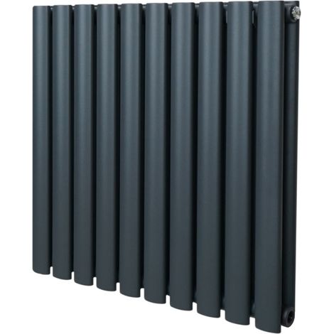 Radiatore a colonna ovale 600 mm x 600 mm Designer Doppio pannello Termosifone Grigio antracite Acciaio Orizzontale Inclusi Spazzola per la pulizia Kit di fissaggio e staffe