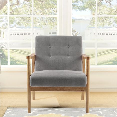 Accent Linen Fabric Buttoned Armchair Wooden Frame, Grey
