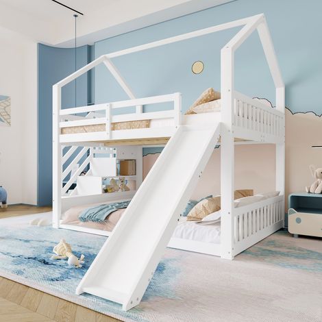 Lit superposé 140x200 cm blanc, rangements et toboggan, lit maison avec barrière, sans matelas (1/5)