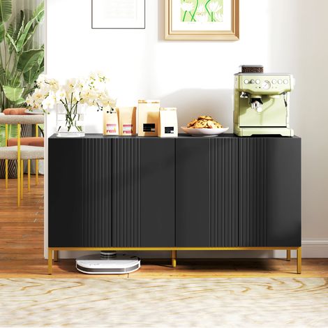 Modernes Sideboard im Grafikdesign mit 2 Schränken, verstellbaren Einlegeböden, schwarzem Holz und goldfarbener Metalloberfläche