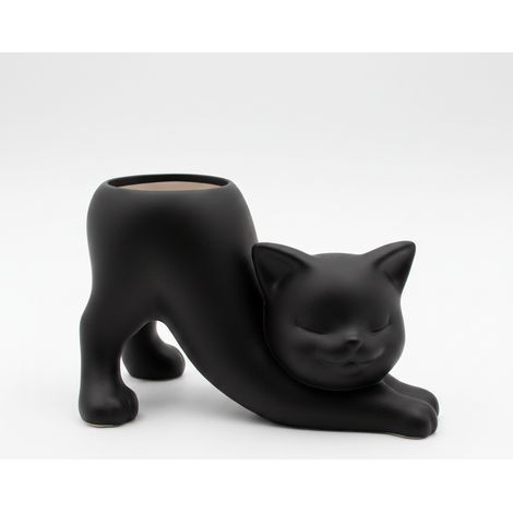 Vaso nero a forma di gatto che si stira per piante grasse e cactus