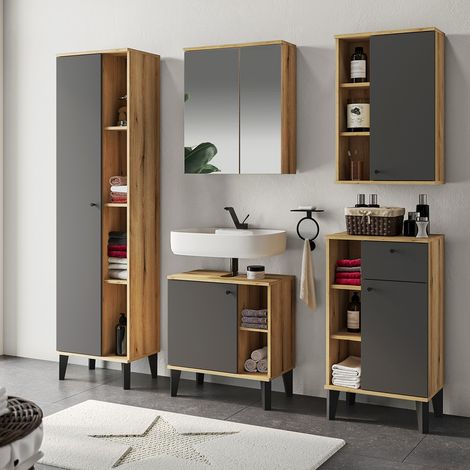 Badmöbel-Set 5-teilig mit Waschbeckenunterschrank 60 cm, Spiegelschrank, in Eiche mit grau OLEAN-61 (1/5)