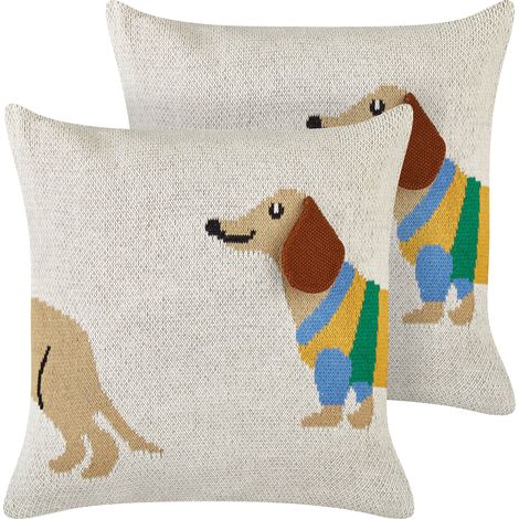 Conjunto de 2 cojines decorativos para habitación infantil motivo perro salchicha funda algodón beige 45 x 45 cm Battal (1/5)