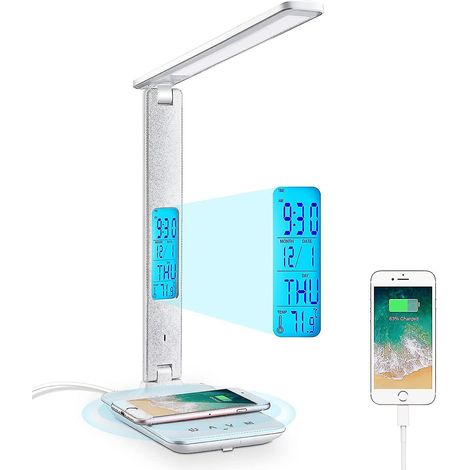 Lampe de bureau LED avec chargeur sans fil, port de chargement USB, lampe de table pliable et réglable avec horloge, alarme, date, température et variateur à 5 niveaux. (1/5)