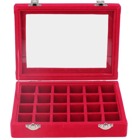 Boîte à bijoux en velours rouge avec 24 compartiments et serrure, organisateur pour boucles d'oreilles et bagues