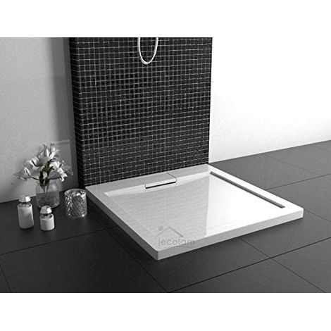 ECOLAM Receveur de douche plat carré Axim 90x90 x hauteur 4,5 cm profondeur 2,5 cm acrylique blanc + siphon + silicone pose au sol possible (1/5)