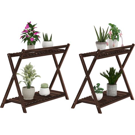 Outsunny Set 2 Porta Fiori 2 Livelli a Doghe in Legno di Abete Marrone Bruciato
