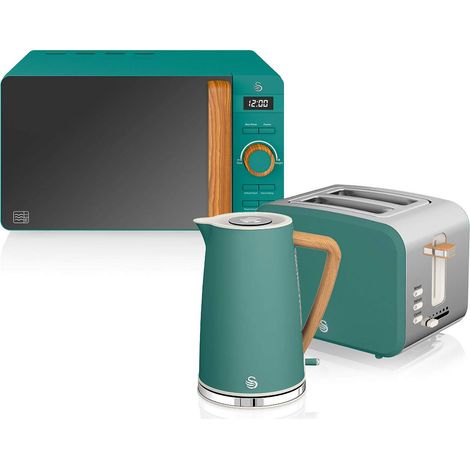 Set petit-déjeuner bouilloire 1,7 L 2200 W, grille-pain à fente large 2 tranches, micro-ondes 20 L numérique, design moderne, effet bois, vert (1/5)