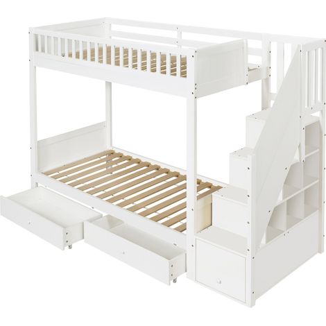 Letto a castello per bambini bianco 90x200 cm in legno con scala contenitore e 2 cassetti (1/5)