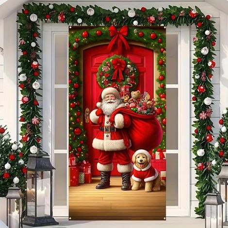 Stickers de porte de Noël, décorations de porte Père Noël, décorations de fête du Nouvel An, décorations de fêtes, banderoles/décorations de porte - 90 x 180 cm (avec trous et ruban) - 17