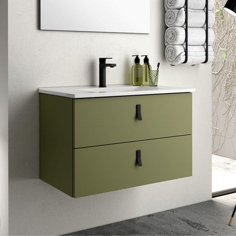 Mueble de baño suspendido con 2 cajones verde oliva 60x45x48H cm - Vitty (1/4)