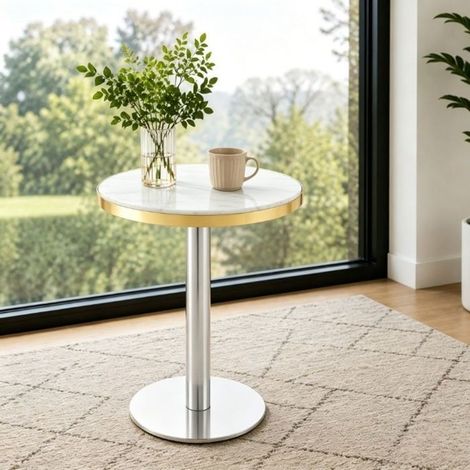 Table plateau effet marbre bord doré structure métal stable finition noir or et argent format rond usage polyvalent (1/5)