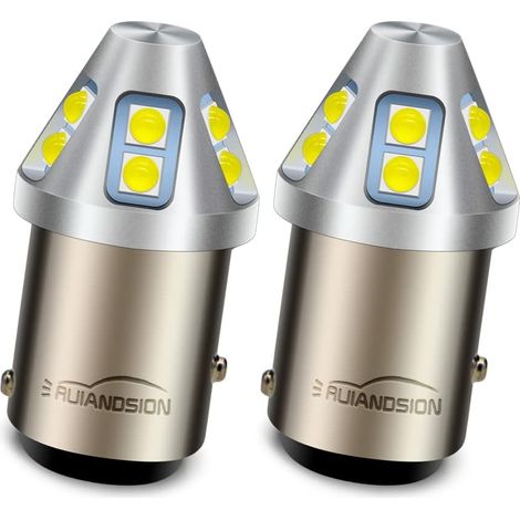 Lot de 2 ampoules LED 1157 blanches 6-30 V 2357 2057 7528 1034 BAY15D double fonction 6 V 12 V 24 V 3030 10SMD puces LED de remplacement pour feux de recul de voiture et moto, sans polarité (1/5)