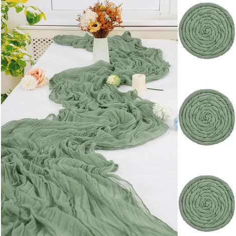 Lot de 3 Chemins de Table en étamine en Vert Sauge 90 x 300cm Rustic Boho Cheese nappes Long Chemin de Table en Tulle Lavable pour la décoration de réception de Mariage Fête d'anniversaire (1/5)