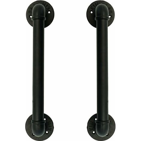 2PCS Poignée de porte en fonte rétro industrielle, poignée de porte de tuyau, barre de serviette, rampe en fer steampunk, barre de tiroir, barre de porte de placard, noir, 50cm (1/4)