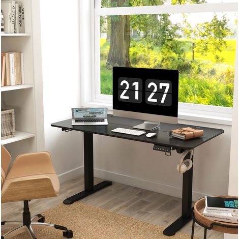 Bureau électrique en contreplaqué et acier noir 140 x 70 cm réglable en hauteur 72-116 cm (1/5)