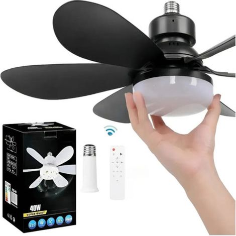 Irovami Ventilateur de plafond silencieux E27, 40 W, 52 cm, avec télécommande, noir.
