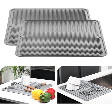 Lot de 2 tapis d'égouttoir à vaisselle 30 x 40 cm, en silicone, résistant à la chaleur, antidérapant, tapis d'égouttement, set de table (gris clair) (1/5)