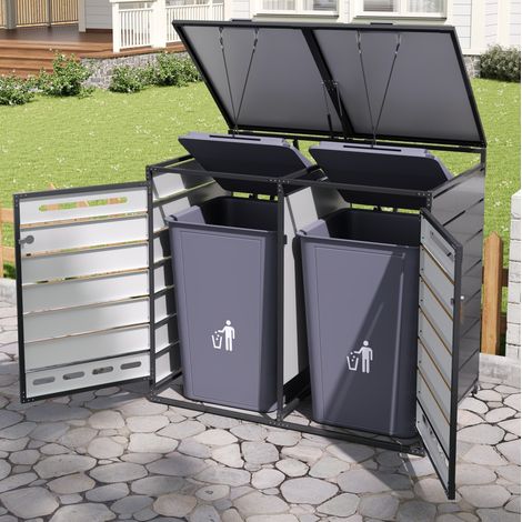 Armario para 2 cubos de basura 131x79x116 cm de hierro negro con tapas hidráulicas - MEUBLIV (1/5)