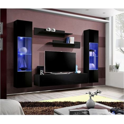 Ensemble meuble TV mural  - Fly III - 260 cm x 190 cm x 40 cm - Noir - Livraison gratuite