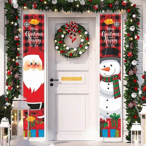 Weihnachtsdekorationen, Weihnachtsmann, Schneemann, Weihnachtsveranda-Schild, Frohe Weihnachten-Banner, frohes neues Jahr, rot-schwarz karierte Weihnachtsdekorationen (1/5)
